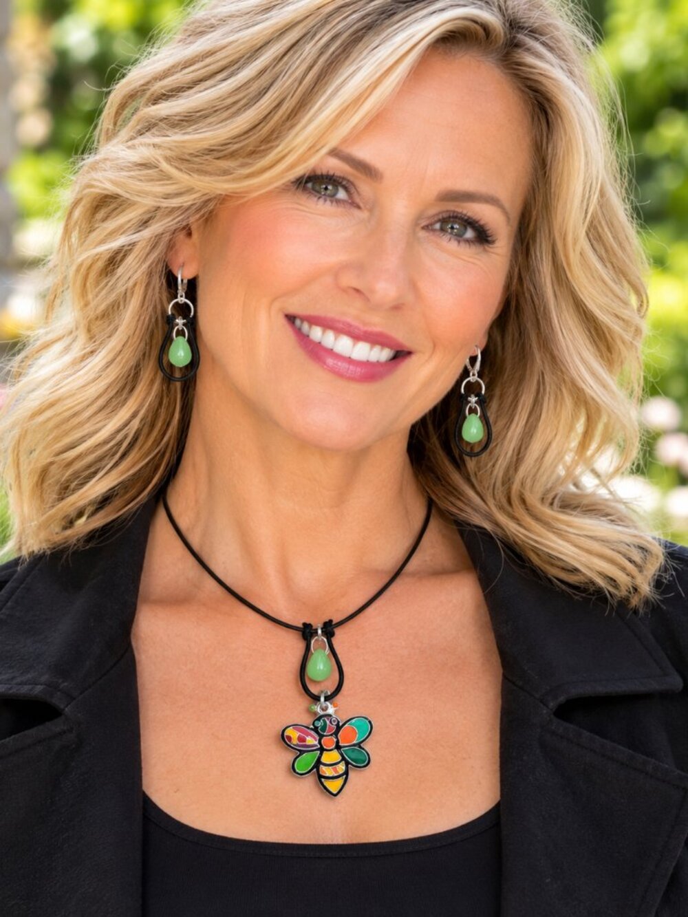 Enamel Bee Choker Necklace & Earrings Brown Hand knotted Leather